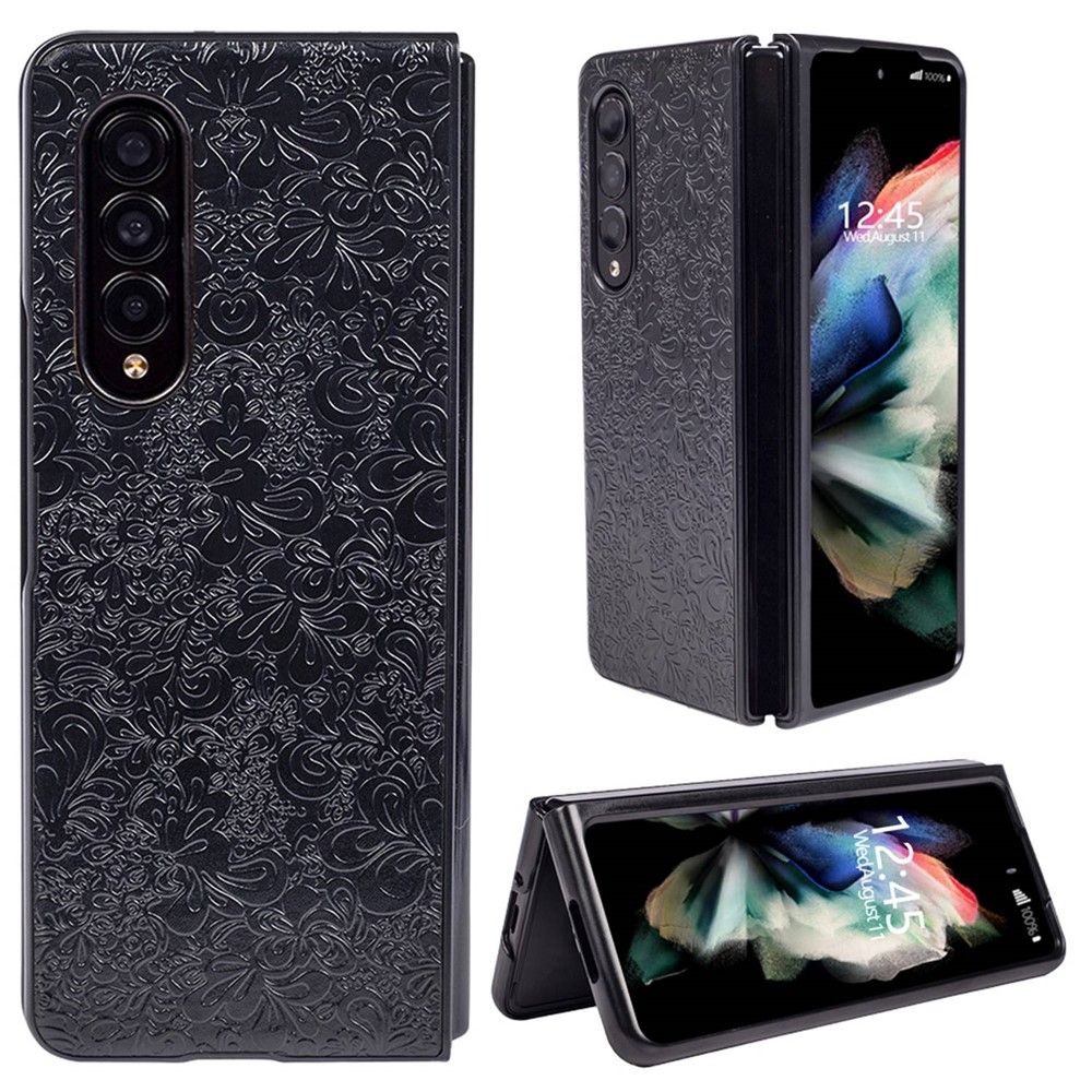 For Samsung Galaxy Z Fold4 5G Flower Butterfly Pattern Texture Imprinted Stylish PU Leather + PC Phone Case Cover - Black-1