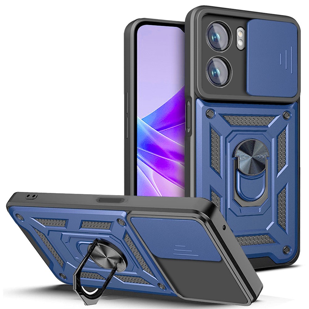 For Oppo A77 5G / A57 (2022) 5G Fall Prevention Cell Phone Shell Kickstand PC + TPU Hybrid Cover Slide Camera Protection Phone Case - Blue-1