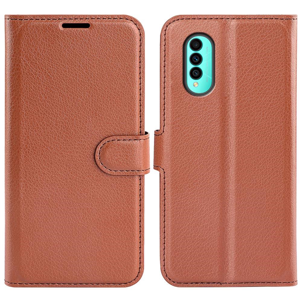 For Wiko T50 4G Litchi Texture Magnetic Clasp PU Leather Stand Phone Case Anti-scratch Wallet Protective Cover - Brown-1