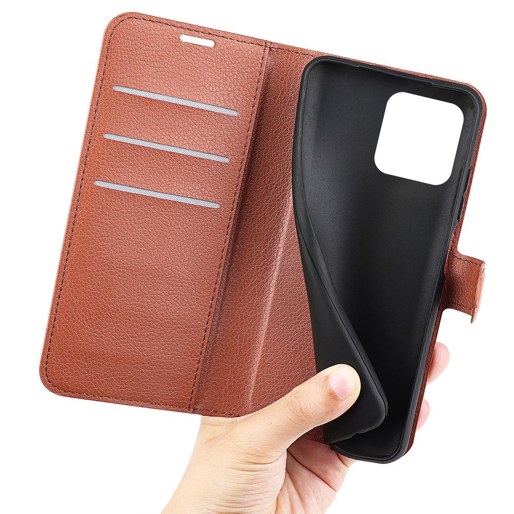 For Wiko T50 4G Litchi Texture Magnetic Clasp PU Leather Stand Phone Case Anti-scratch Wallet Protective Cover - Brown-4