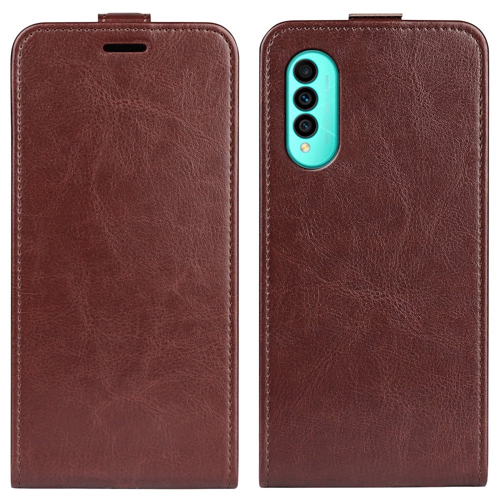 For Wiko T50 4G Fall Resistant Vertical Flip Crazy Horse Texture PU Leather Cover Card Holder Phone Case - Brown-1