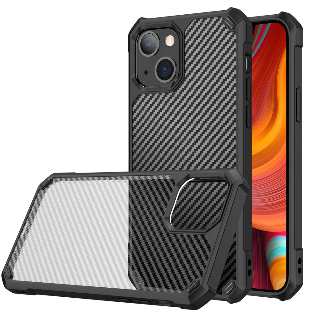 For iPhone 14 6.1 inch Anti-fall Phone Case Carbon Fiber Anti-scratch TPU + Acrylic Back Cover - Black-1