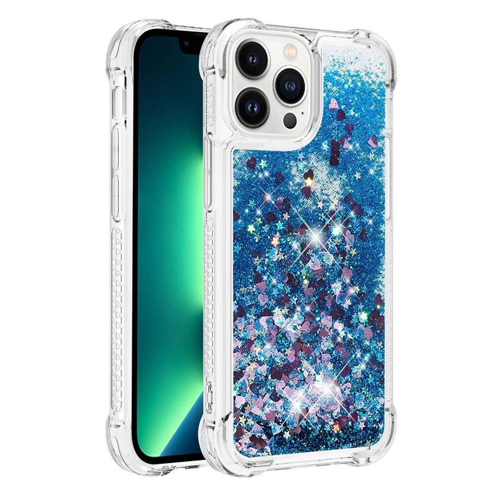 YB Quicksand Series-1 for iPhone 14 Pro Max 6.7 inch TPU Back Cover Shockproof Phone Case with Liquid Floating Glitter Sequins Anti-scratch Phone Shell - Blue / Hearts-1
