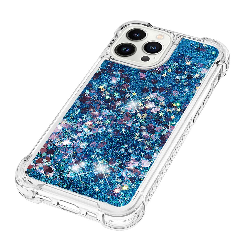 YB Quicksand Series-1 for iPhone 14 Pro Max 6.7 inch TPU Back Cover Shockproof Phone Case with Liquid Floating Glitter Sequins Anti-scratch Phone Shell - Blue / Hearts-3