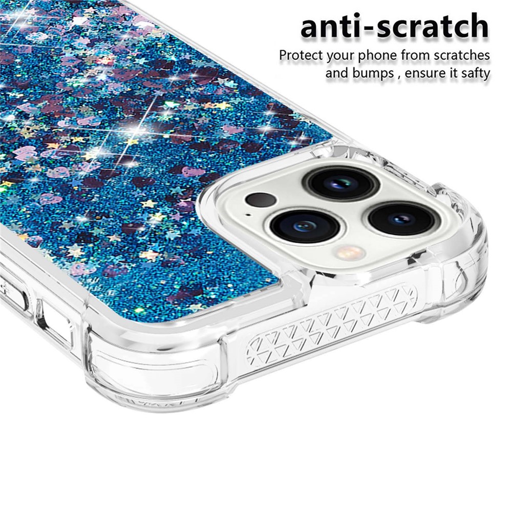 YB Quicksand Series-1 for iPhone 14 Pro Max 6.7 inch TPU Back Cover Shockproof Phone Case with Liquid Floating Glitter Sequins Anti-scratch Phone Shell - Blue / Hearts-4
