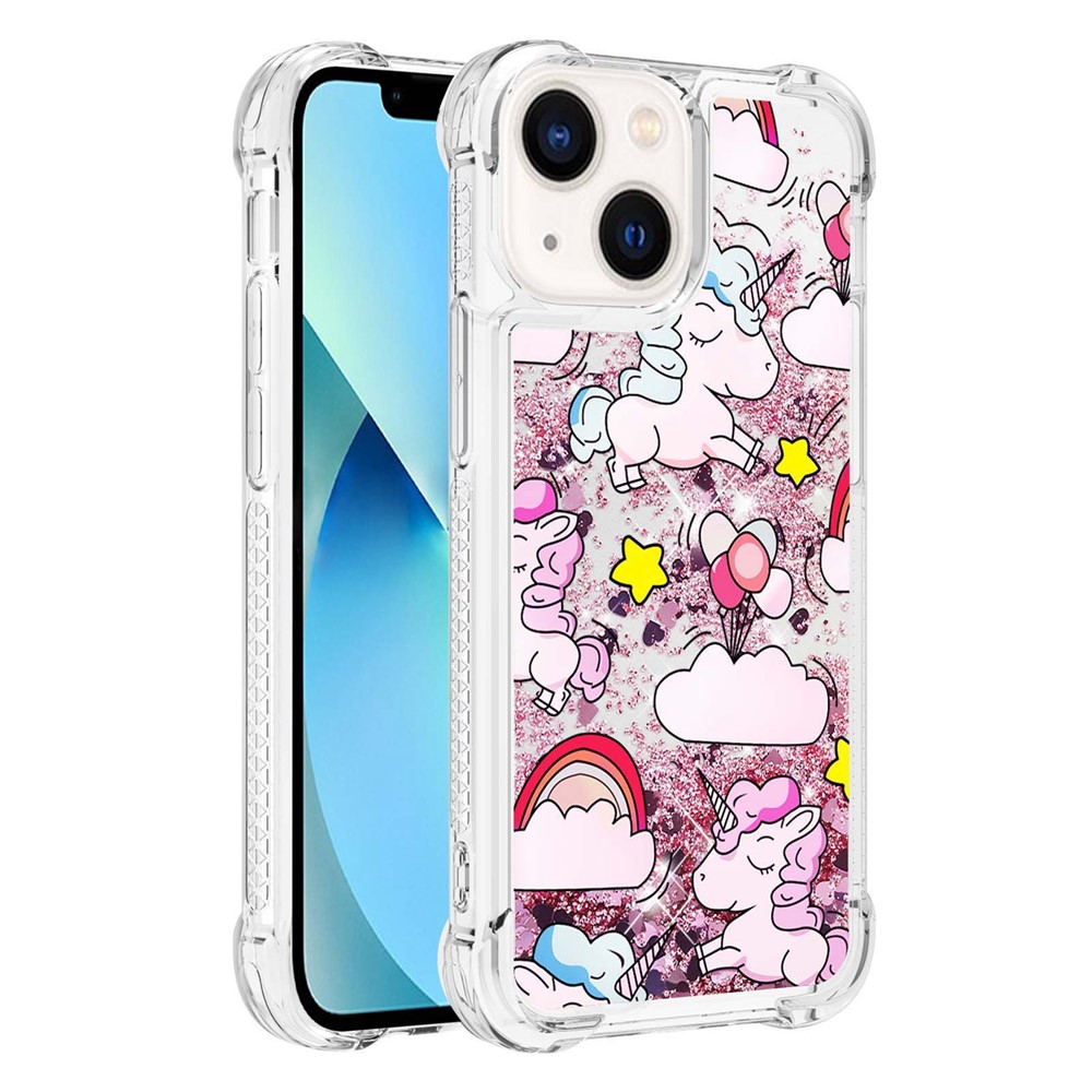 For iPhone 14 6.1 inch Protective Case YB Quicksand Series-2 Glittery Soft TPU Case Pattern Printing Shockproof Phone Cover - Horse and Cloud-1
