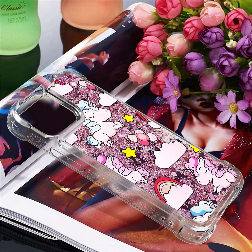 For iPhone 14 Pro Max 6.7 inch Anti-Drop Phone Case YB Quicksand Series-2 Glittery Soft TPU Case Pattern Printed Shockproof Phone Cover - Horse and Cloud-6