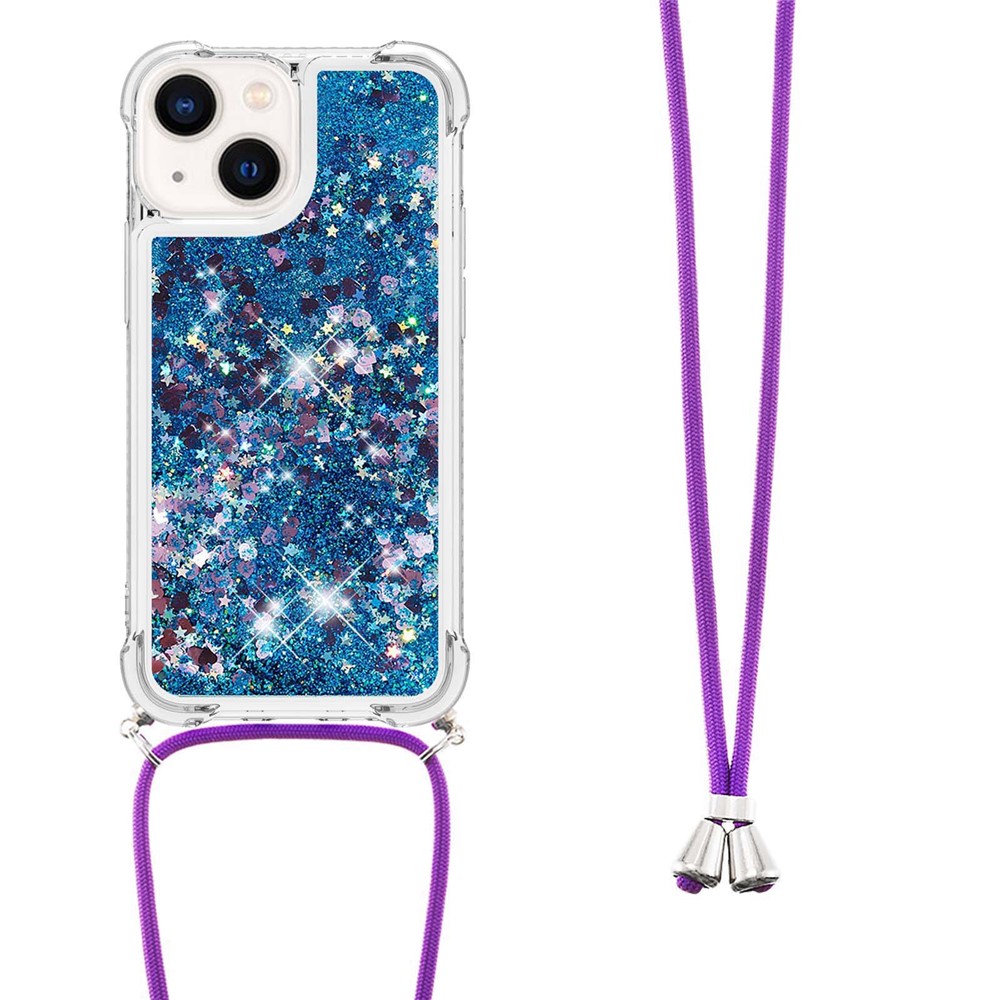 YB Quicksand Series-4 Mobile Phone Case for iPhone 14 6.1 inch, Anti-scratch TPU Liquid Quicksand Shockproof Phone Cover with Hanging Rope - Blue / Hearts-1