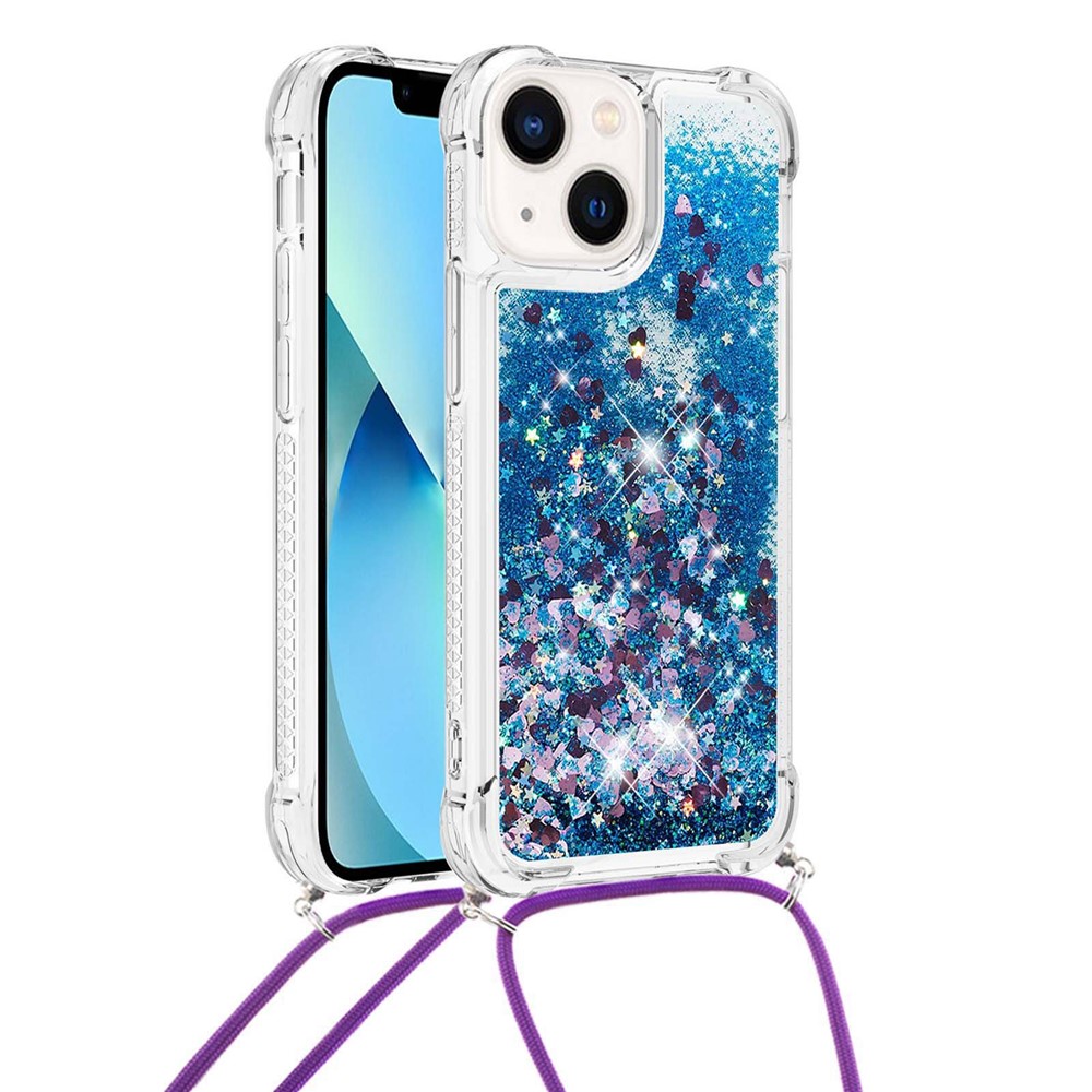 YB Quicksand Series-4 Mobile Phone Case for iPhone 14 6.1 inch, Anti-scratch TPU Liquid Quicksand Shockproof Phone Cover with Hanging Rope - Blue / Hearts-3