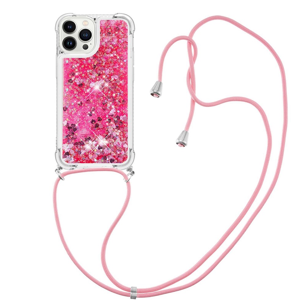 YB Quicksand Series-4 Phone Shell Bag for iPhone 14 Pro Max 6.7 inch, Liquid Quicksand TPU Anti-fading Phone Case with Hanging Rope - Pink / Hearts-3
