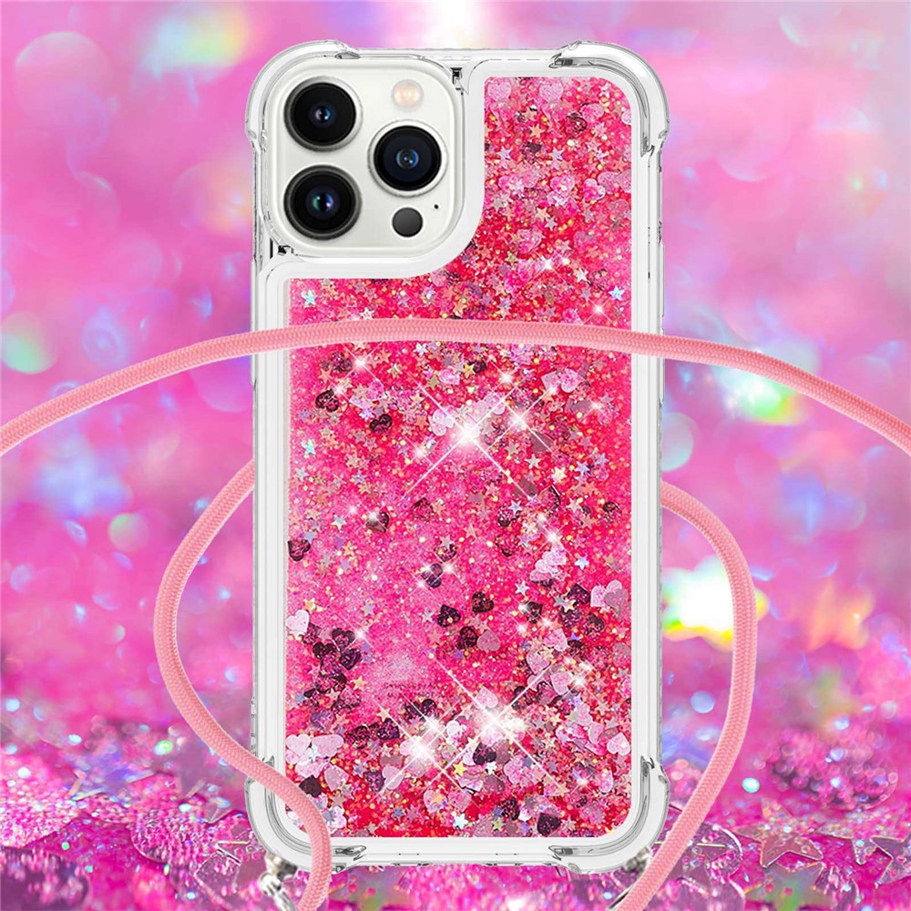 YB Quicksand Series-4 Phone Shell Bag for iPhone 14 Pro Max 6.7 inch, Liquid Quicksand TPU Anti-fading Phone Case with Hanging Rope - Pink / Hearts-4
