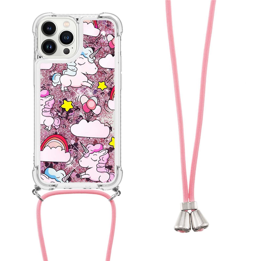 YB Quicksand Series-5 for iPhone 14 Pro Max 6.7 inch Quicksand TPU Phone Case Pattern Printing Anti-drop Cover with Long Lanyard - Cute Horse and Clouds-2
