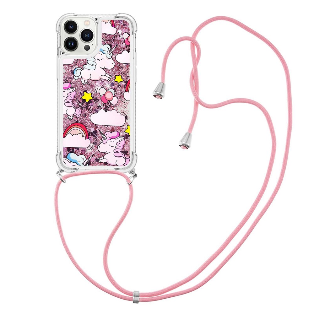 YB Quicksand Series-5 for iPhone 14 Pro Max 6.7 inch Quicksand TPU Phone Case Pattern Printing Anti-drop Cover with Long Lanyard - Cute Horse and Clouds-3