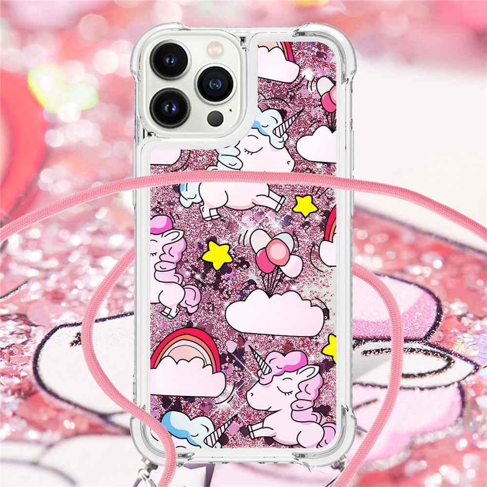 YB Quicksand Series-5 for iPhone 14 Pro Max 6.7 inch Quicksand TPU Phone Case Pattern Printing Anti-drop Cover with Long Lanyard - Cute Horse and Clouds-4