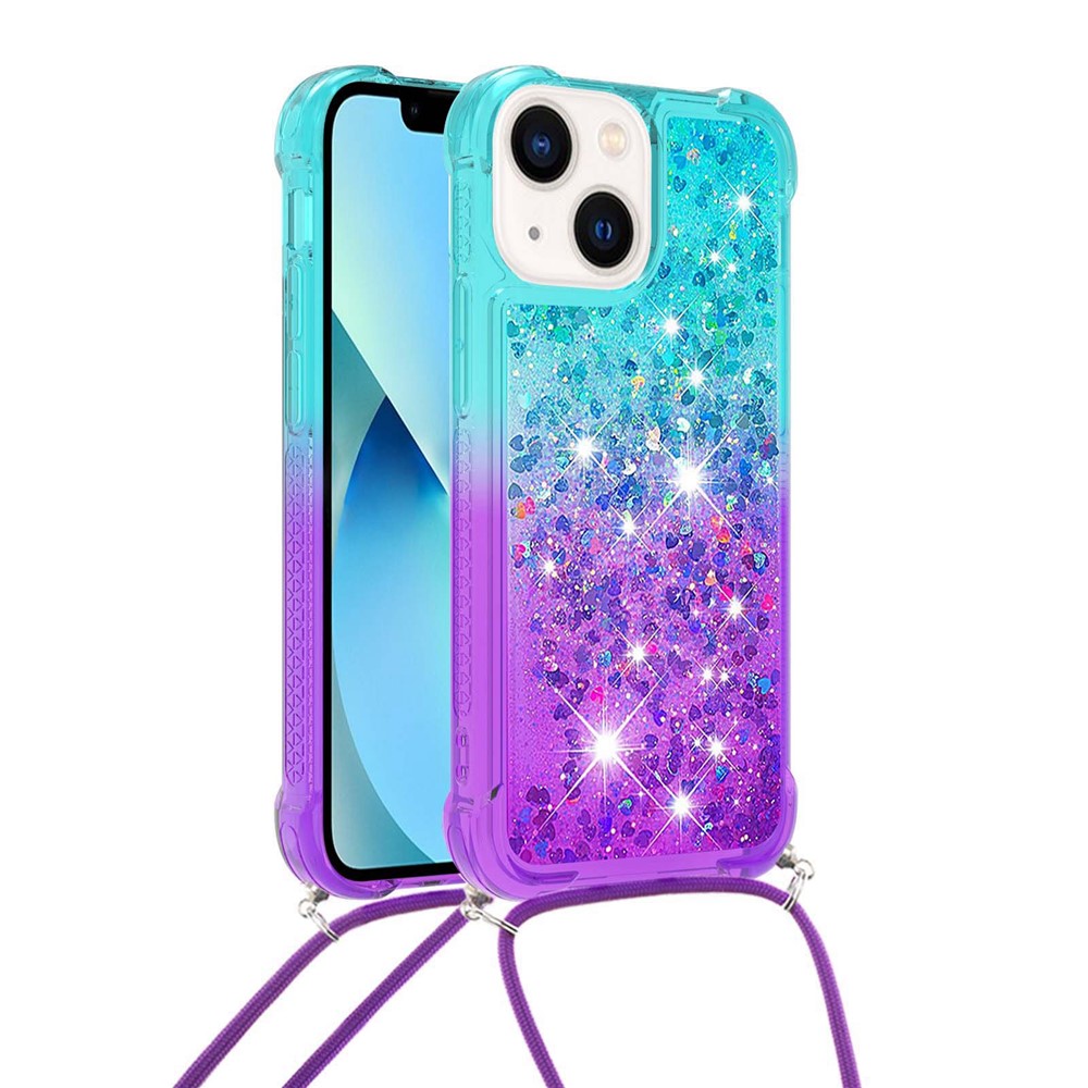 For iPhone 14 6.1 inch YB Quicksand Series-6 Floating Glitter Quicksand Phone Cover with Lanyard - Sky Blue / Purple-1