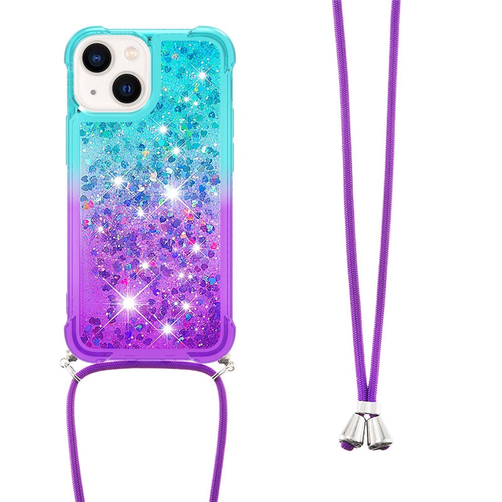 For iPhone 14 6.1 inch YB Quicksand Series-6 Floating Glitter Quicksand Phone Cover with Lanyard - Sky Blue / Purple-2