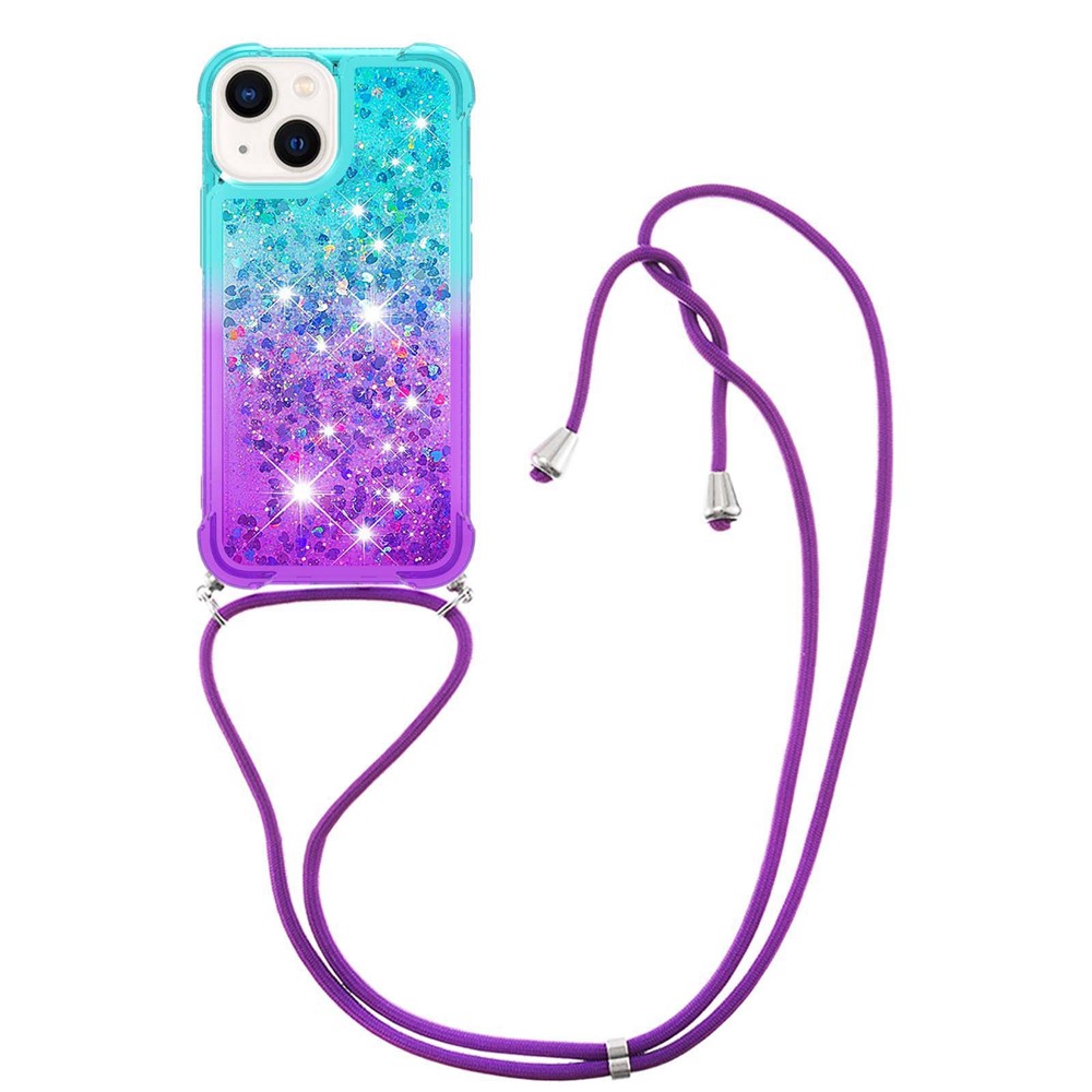For iPhone 14 6.1 inch YB Quicksand Series-6 Floating Glitter Quicksand Phone Cover with Lanyard - Sky Blue / Purple-3
