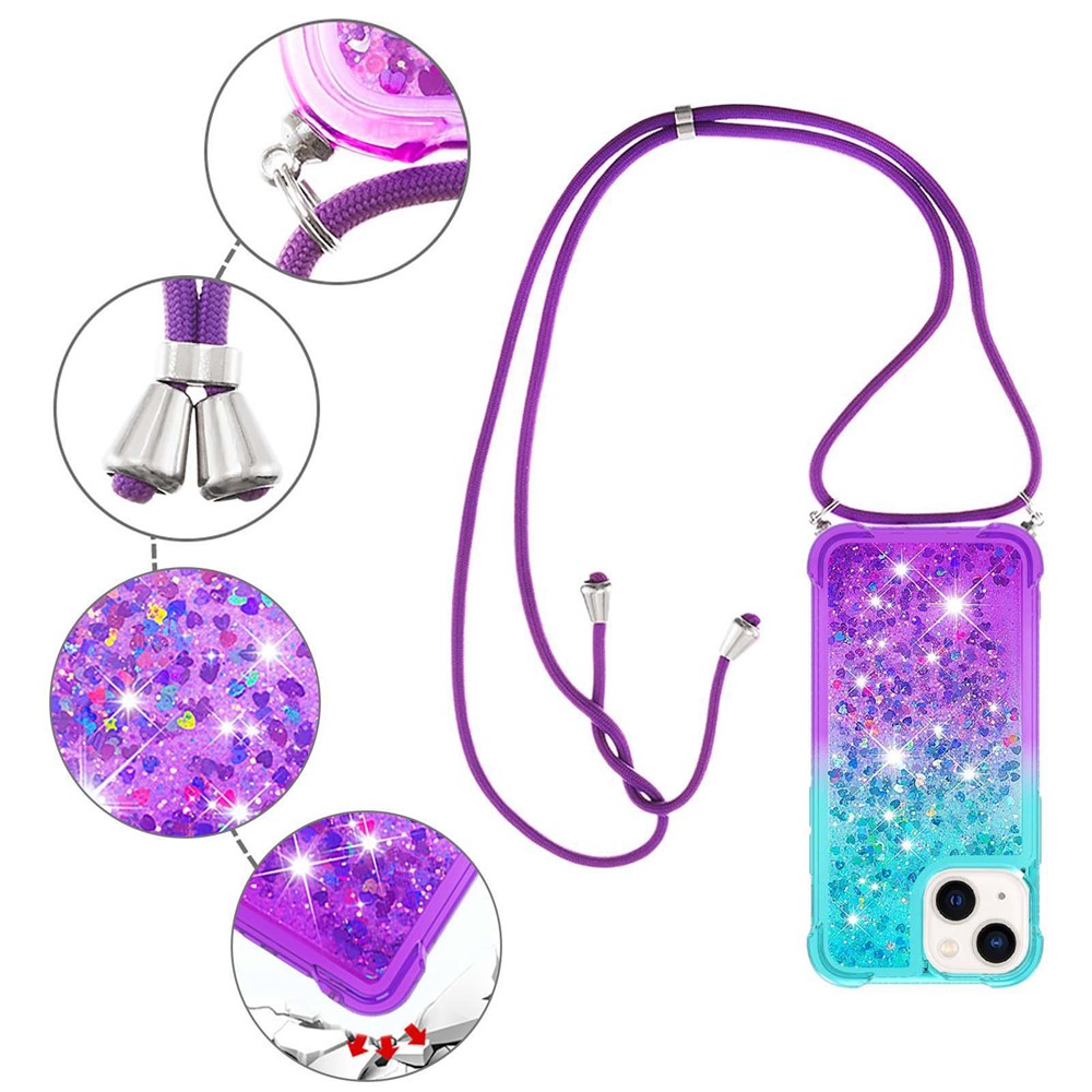 For iPhone 14 6.1 inch YB Quicksand Series-6 Floating Glitter Quicksand Phone Cover with Lanyard - Sky Blue / Purple-5