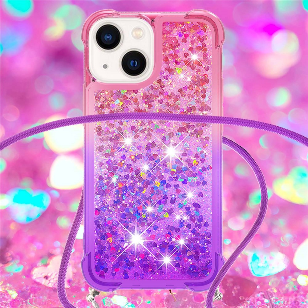 For iPhone 14 Max 6.7 inch YB Quicksand Series-6 Gradient Color Quicksand Phone Cover Reinforced Corner TPU Case with Lanyard - Pink / Purple-4