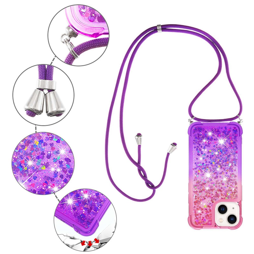 For iPhone 14 Max 6.7 inch YB Quicksand Series-6 Gradient Color Quicksand Phone Cover Reinforced Corner TPU Case with Lanyard - Pink / Purple-5