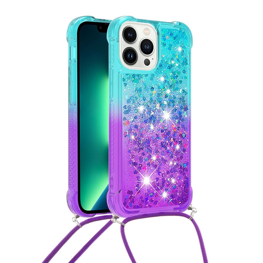 For iPhone 14 Pro Max 6.7 inch YB Quicksand Series-6 Gradient Color Quicksand Shiny Sequins Phone Cover TPU Case with Lanyard - Sky Blue / Purple-1