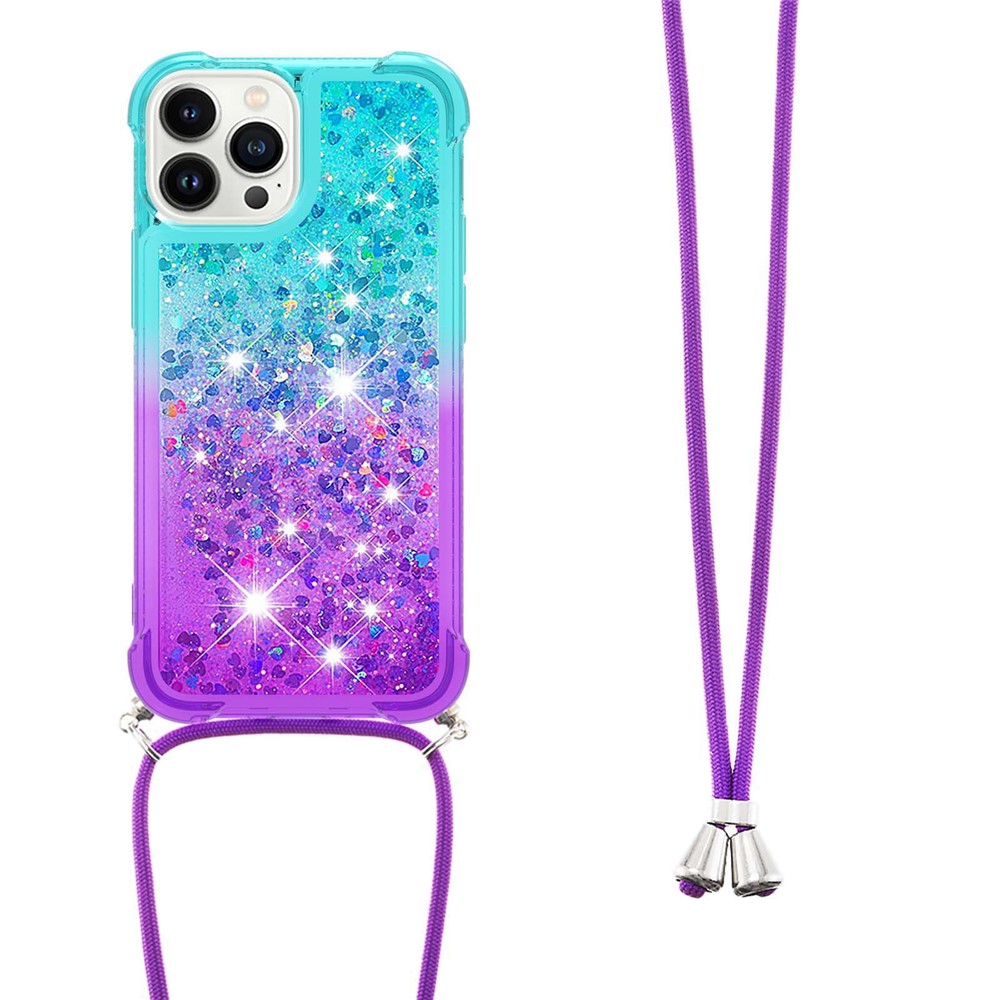 For iPhone 14 Pro Max 6.7 inch YB Quicksand Series-6 Gradient Color Quicksand Shiny Sequins Phone Cover TPU Case with Lanyard - Sky Blue / Purple-2