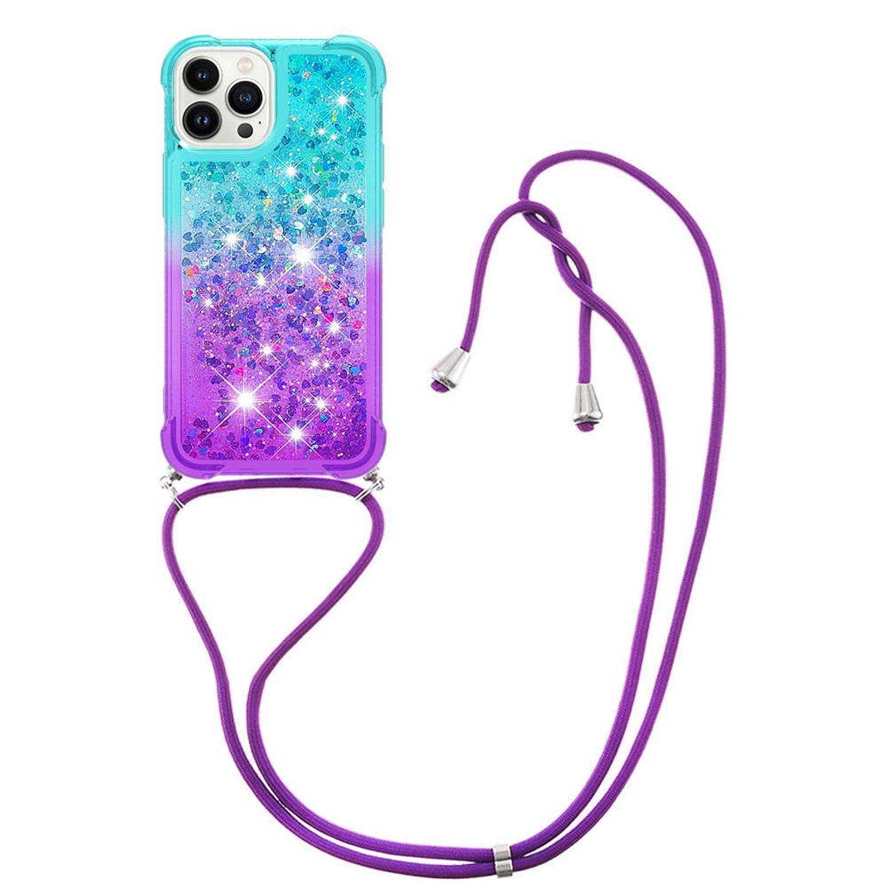 For iPhone 14 Pro Max 6.7 inch YB Quicksand Series-6 Gradient Color Quicksand Shiny Sequins Phone Cover TPU Case with Lanyard - Sky Blue / Purple-3
