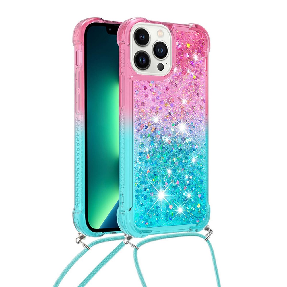 For iPhone 14 Pro 6.1 inch YB Quicksand Series-6 Gradient Color Anti-scratchTPU Case Floating Sequins Quicksand Phone Cover with Lanyard - Pink / Sky Blue-1