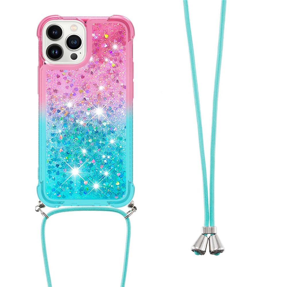 For iPhone 14 Pro 6.1 inch YB Quicksand Series-6 Gradient Color Anti-scratchTPU Case Floating Sequins Quicksand Phone Cover with Lanyard - Pink / Sky Blue-2