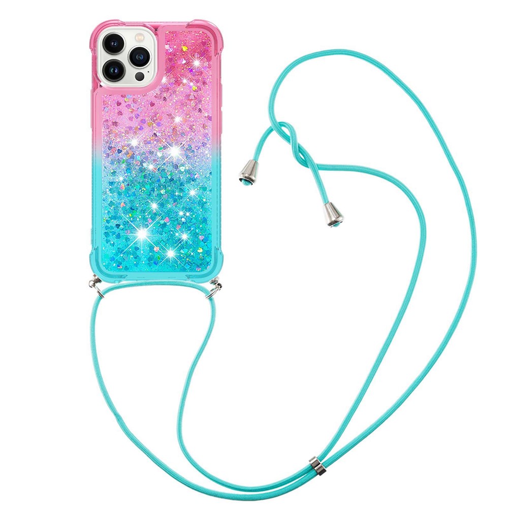 For iPhone 14 Pro 6.1 inch YB Quicksand Series-6 Gradient Color Anti-scratchTPU Case Floating Sequins Quicksand Phone Cover with Lanyard - Pink / Sky Blue-3