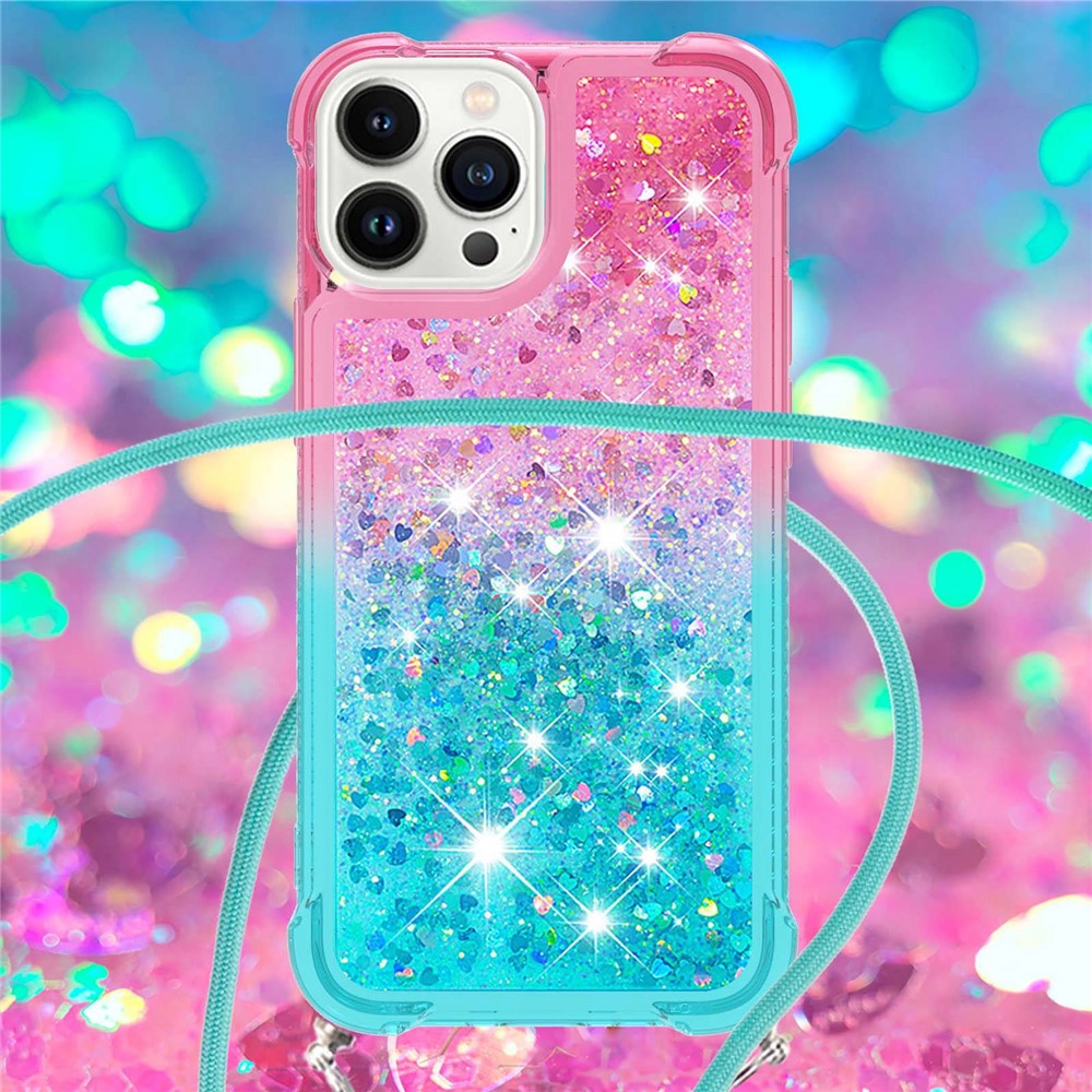 For iPhone 14 Pro 6.1 inch YB Quicksand Series-6 Gradient Color Anti-scratchTPU Case Floating Sequins Quicksand Phone Cover with Lanyard - Pink / Sky Blue-4