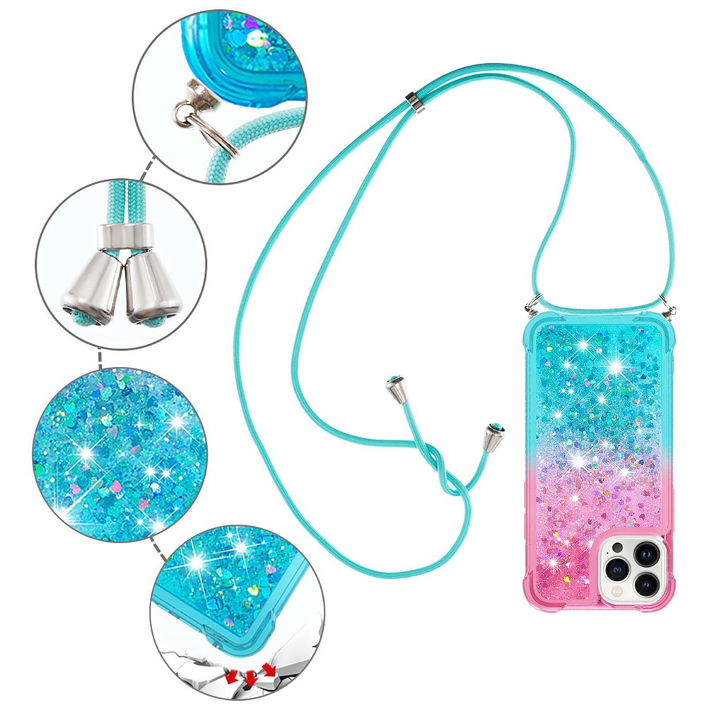 For iPhone 14 Pro 6.1 inch YB Quicksand Series-6 Gradient Color Anti-scratchTPU Case Floating Sequins Quicksand Phone Cover with Lanyard - Pink / Sky Blue-5