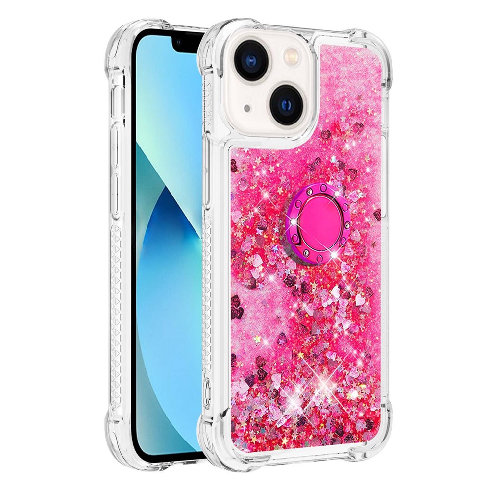 YB Quicksand Series-7 for iPhone 14 6.1 inch Floating Glitter Quicksand TPU Case Anti-drop Ring Kickstand Phone Cover - Pink / Hearts-1