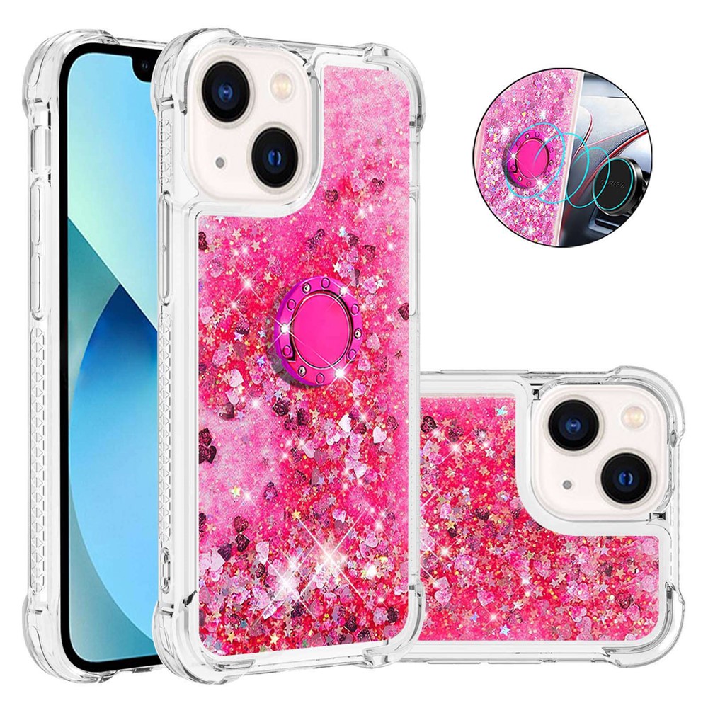 YB Quicksand Series-7 for iPhone 14 6.1 inch Floating Glitter Quicksand TPU Case Anti-drop Ring Kickstand Phone Cover - Pink / Hearts-2