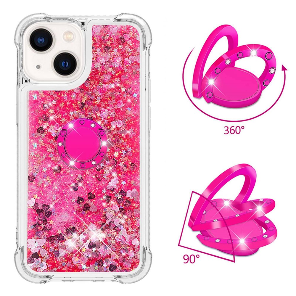 YB Quicksand Series-7 for iPhone 14 6.1 inch Floating Glitter Quicksand TPU Case Anti-drop Ring Kickstand Phone Cover - Pink / Hearts-3