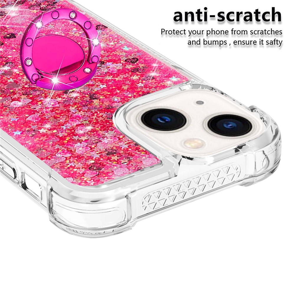 YB Quicksand Series-7 for iPhone 14 6.1 inch Floating Glitter Quicksand TPU Case Anti-drop Ring Kickstand Phone Cover - Pink / Hearts-4