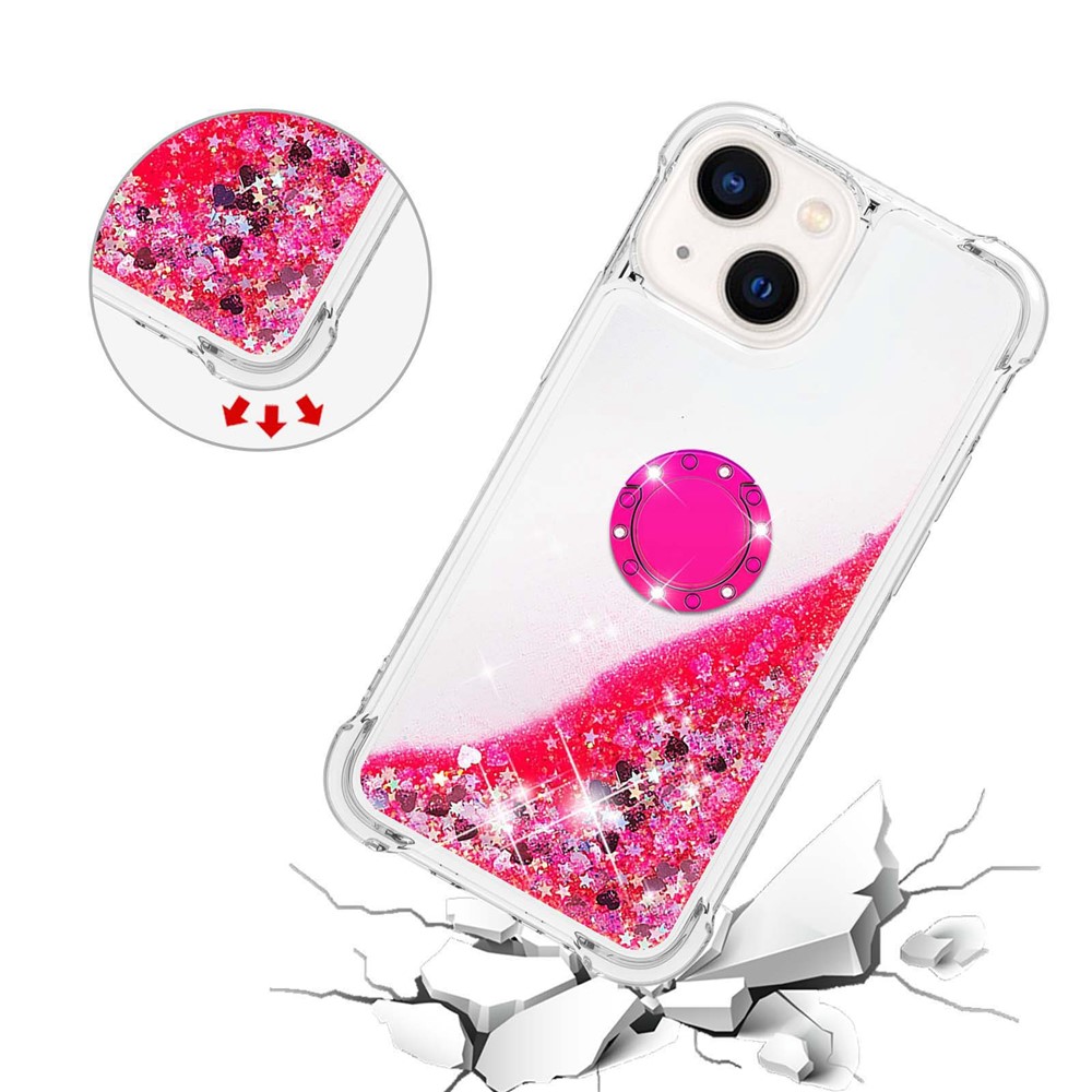 YB Quicksand Series-7 for iPhone 14 6.1 inch Floating Glitter Quicksand TPU Case Anti-drop Ring Kickstand Phone Cover - Pink / Hearts-5