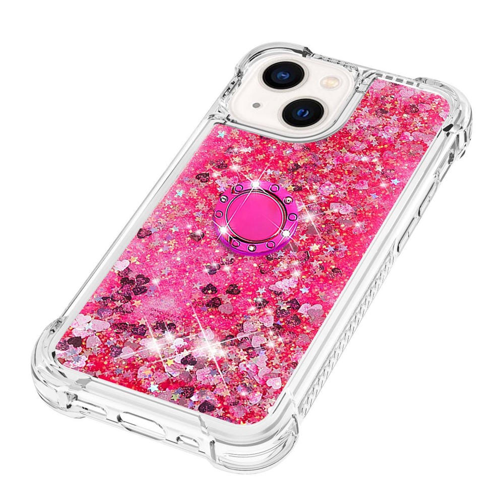 YB Quicksand Series-7 for iPhone 14 6.1 inch Floating Glitter Quicksand TPU Case Anti-drop Ring Kickstand Phone Cover - Pink / Hearts-6