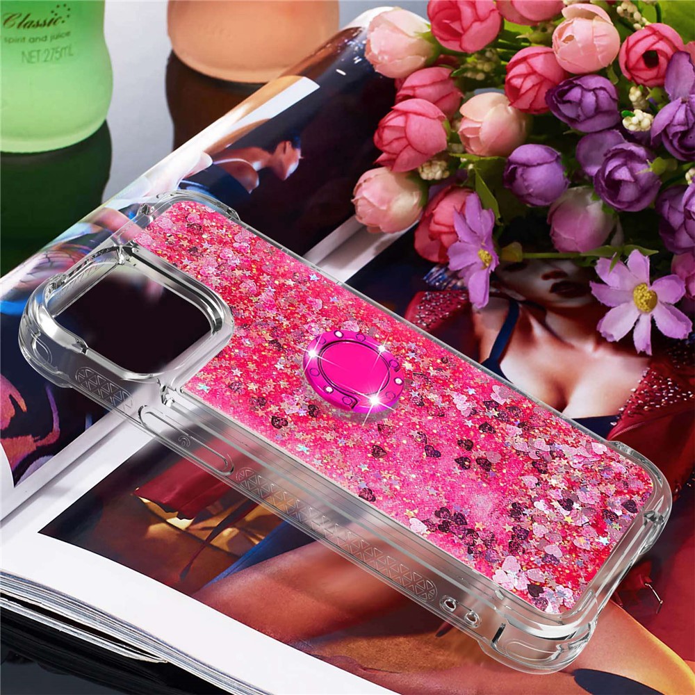 YB Quicksand Series-7 for iPhone 14 6.1 inch Floating Glitter Quicksand TPU Case Anti-drop Ring Kickstand Phone Cover - Pink / Hearts-7