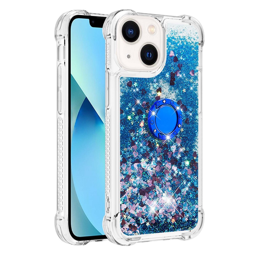 YB Quicksand Series-7 for iPhone 14 Max 6.7 inch Liquid Quicksand Ring Kickstand TPU Case Shockproof Phone Cover - Blue / Hearts-1