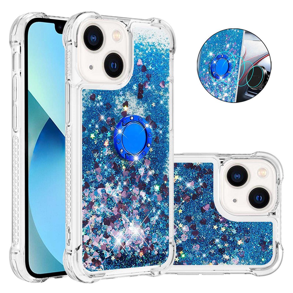 YB Quicksand Series-7 for iPhone 14 Max 6.7 inch Liquid Quicksand Ring Kickstand TPU Case Shockproof Phone Cover - Blue / Hearts-2