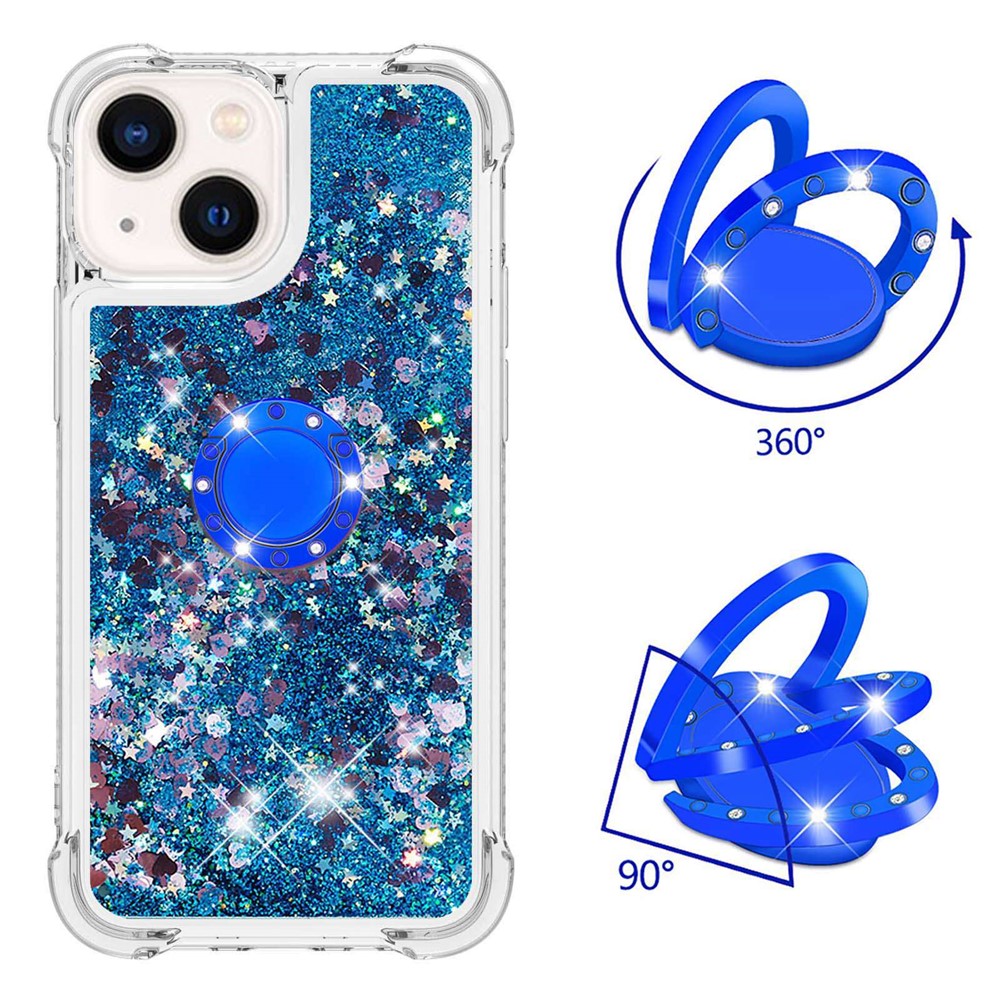 YB Quicksand Series-7 for iPhone 14 Max 6.7 inch Liquid Quicksand Ring Kickstand TPU Case Shockproof Phone Cover - Blue / Hearts-3