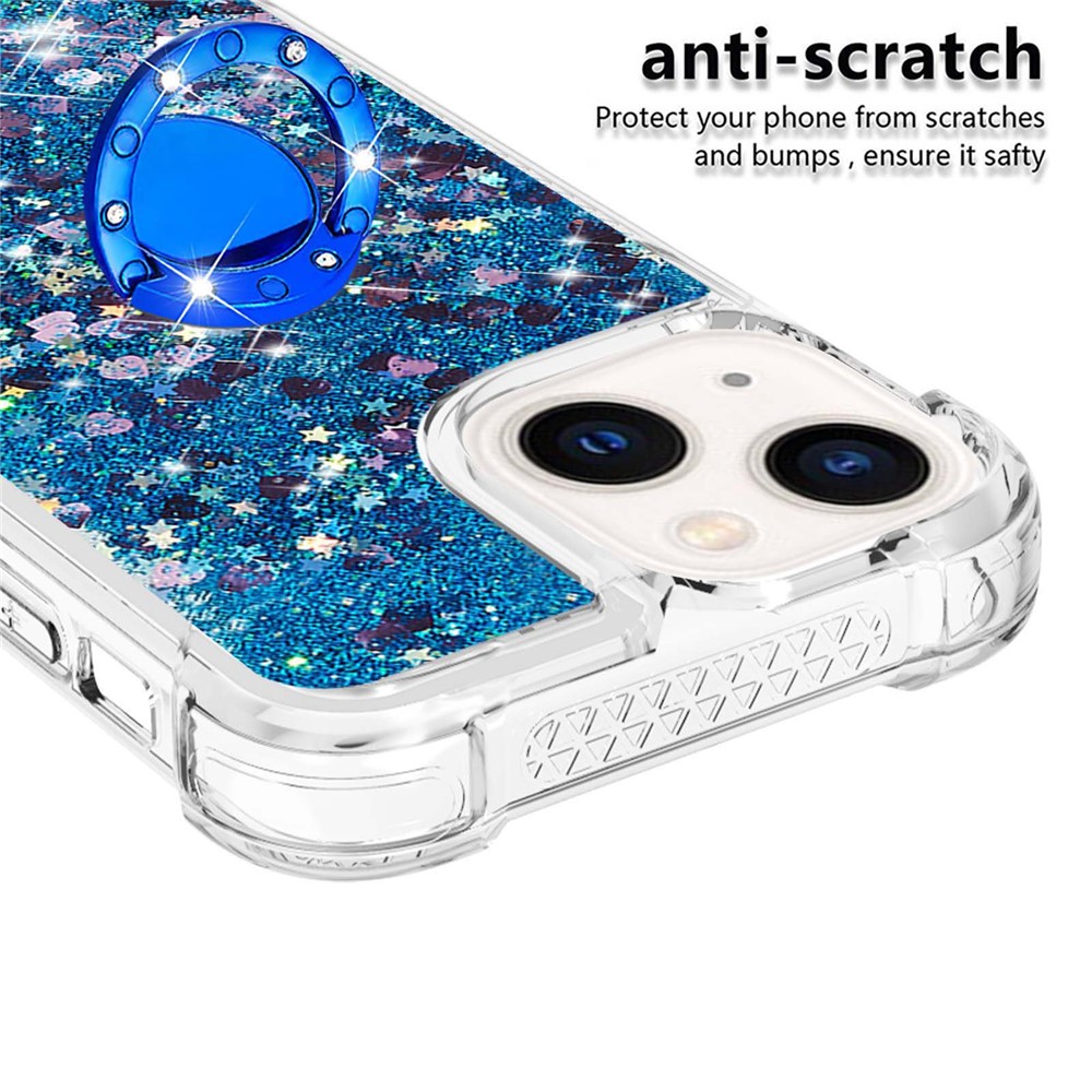 YB Quicksand Series-7 for iPhone 14 Max 6.7 inch Liquid Quicksand Ring Kickstand TPU Case Shockproof Phone Cover - Blue / Hearts-4