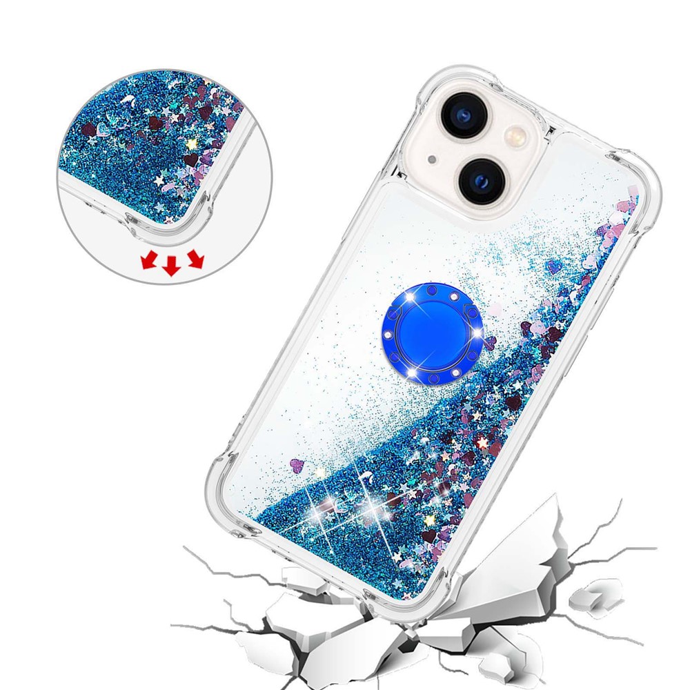 YB Quicksand Series-7 for iPhone 14 Max 6.7 inch Liquid Quicksand Ring Kickstand TPU Case Shockproof Phone Cover - Blue / Hearts-5