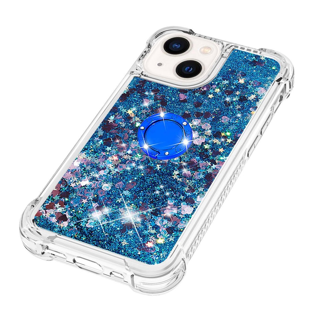YB Quicksand Series-7 for iPhone 14 Max 6.7 inch Liquid Quicksand Ring Kickstand TPU Case Shockproof Phone Cover - Blue / Hearts-6