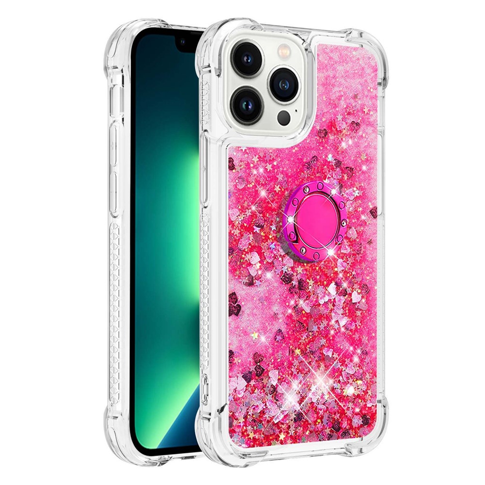 YB Quicksand Series-7 for iPhone 14 Pro 6.1 inch Moving Glitter Sequins Quicksand TPU Phone Case with Ring Holder Kickstand - Pink / Hearts-1