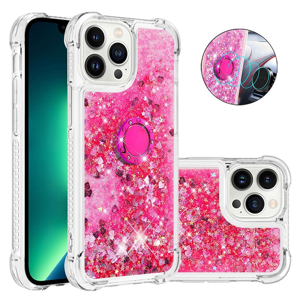 YB Quicksand Series-7 for iPhone 14 Pro 6.1 inch Moving Glitter Sequins Quicksand TPU Phone Case with Ring Holder Kickstand - Pink / Hearts-2