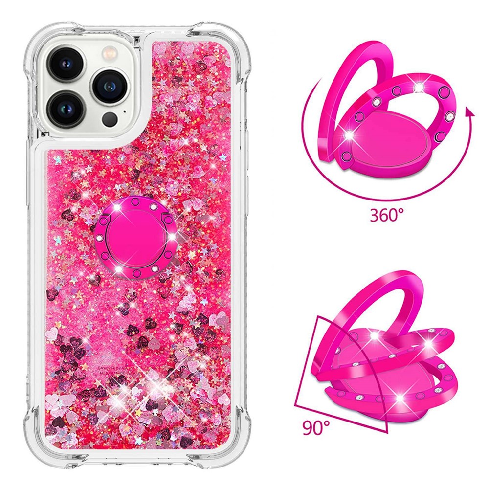 YB Quicksand Series-7 for iPhone 14 Pro 6.1 inch Moving Glitter Sequins Quicksand TPU Phone Case with Ring Holder Kickstand - Pink / Hearts-3