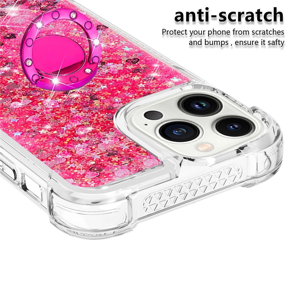 YB Quicksand Series-7 for iPhone 14 Pro 6.1 inch Moving Glitter Sequins Quicksand TPU Phone Case with Ring Holder Kickstand - Pink / Hearts-4