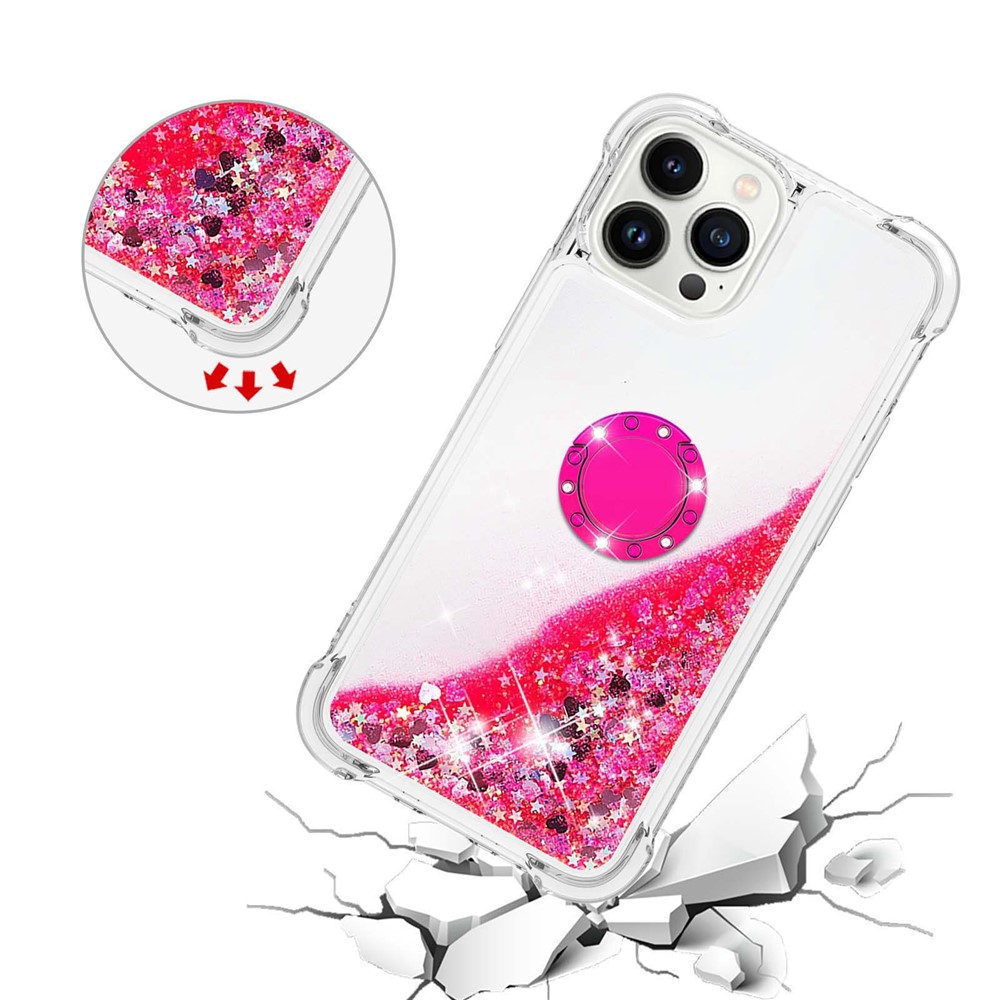 YB Quicksand Series-7 for iPhone 14 Pro 6.1 inch Moving Glitter Sequins Quicksand TPU Phone Case with Ring Holder Kickstand - Pink / Hearts-5